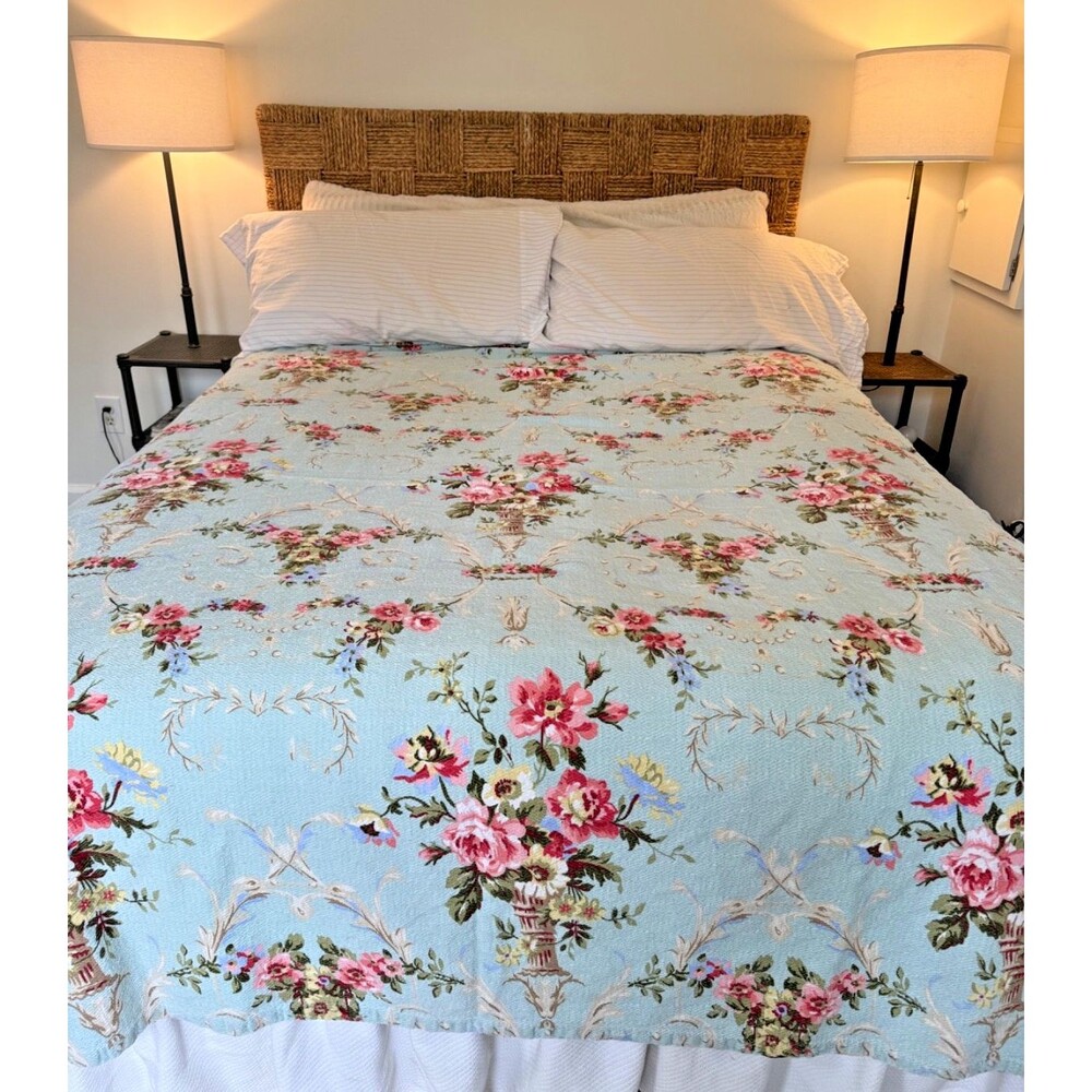 2 Vtg Floral Bedspreads Coverlets TWN Aqua Blue Pink Roses Shabby Cottagecore